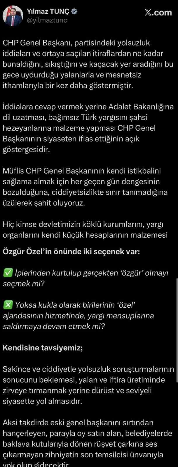 Adalet Bakanı Yılmaz Tunç, “Özgür Özel’in önünde iki seçenek var.