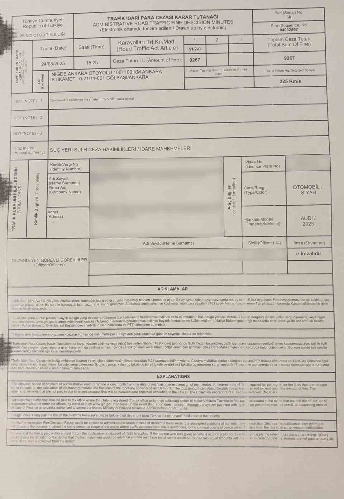 Ulaştırma ve Altyapı Abdulkadir Uraloğlu’na, Ankara-Niğde Otoyolu’nda radar cezası kesildi.