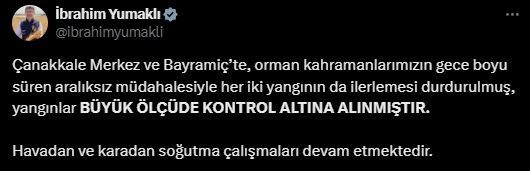 Tarım ve Orman Bakanı İbrahim Yumaklı, “Yangınlar büyük ölçüde kontrol