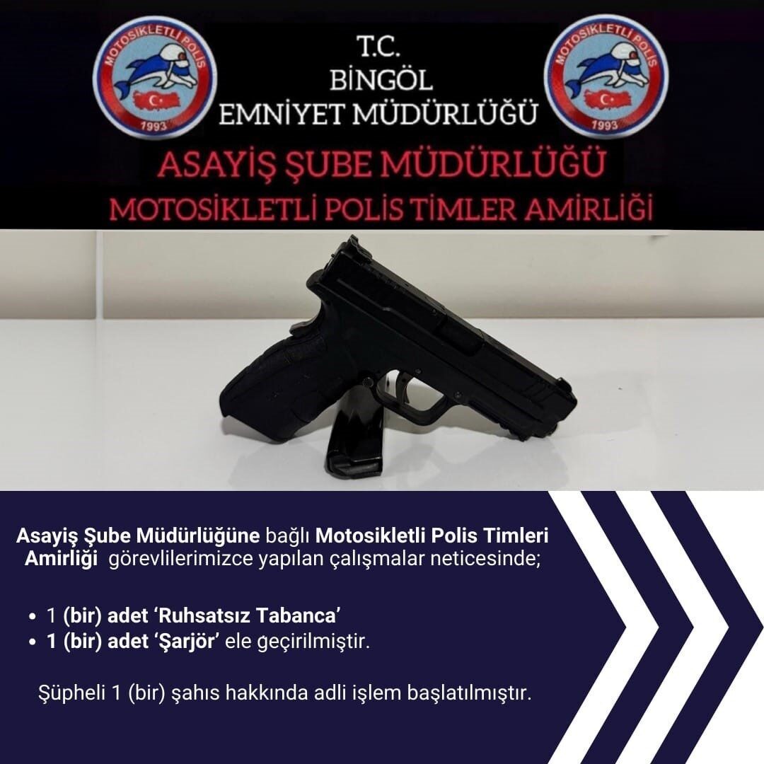 Bingöl’de polis ekipleri tarafından yapılan çalışmada, ruhsatsız tabanca ele geçirildi.