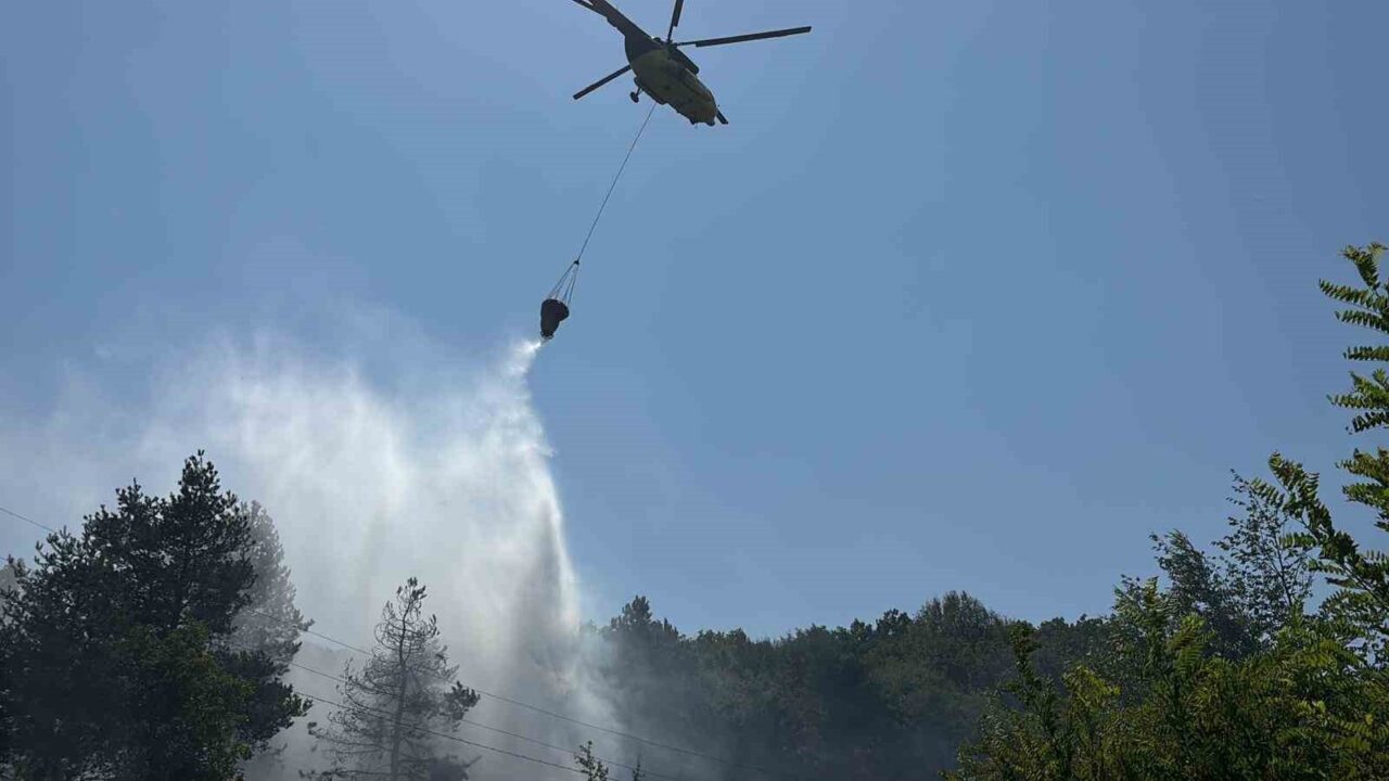 Bolu’da ormanlık alanda çıkan yangın, havadan ve karadan yapılan müdahale