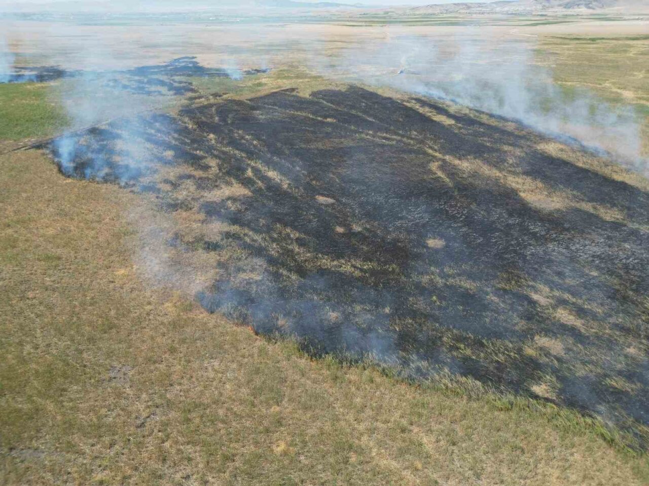 Afyonkarahisar’da bulunan Eber Gölü’nün çevresindeki otluk arazide çıkan yangına müdahale