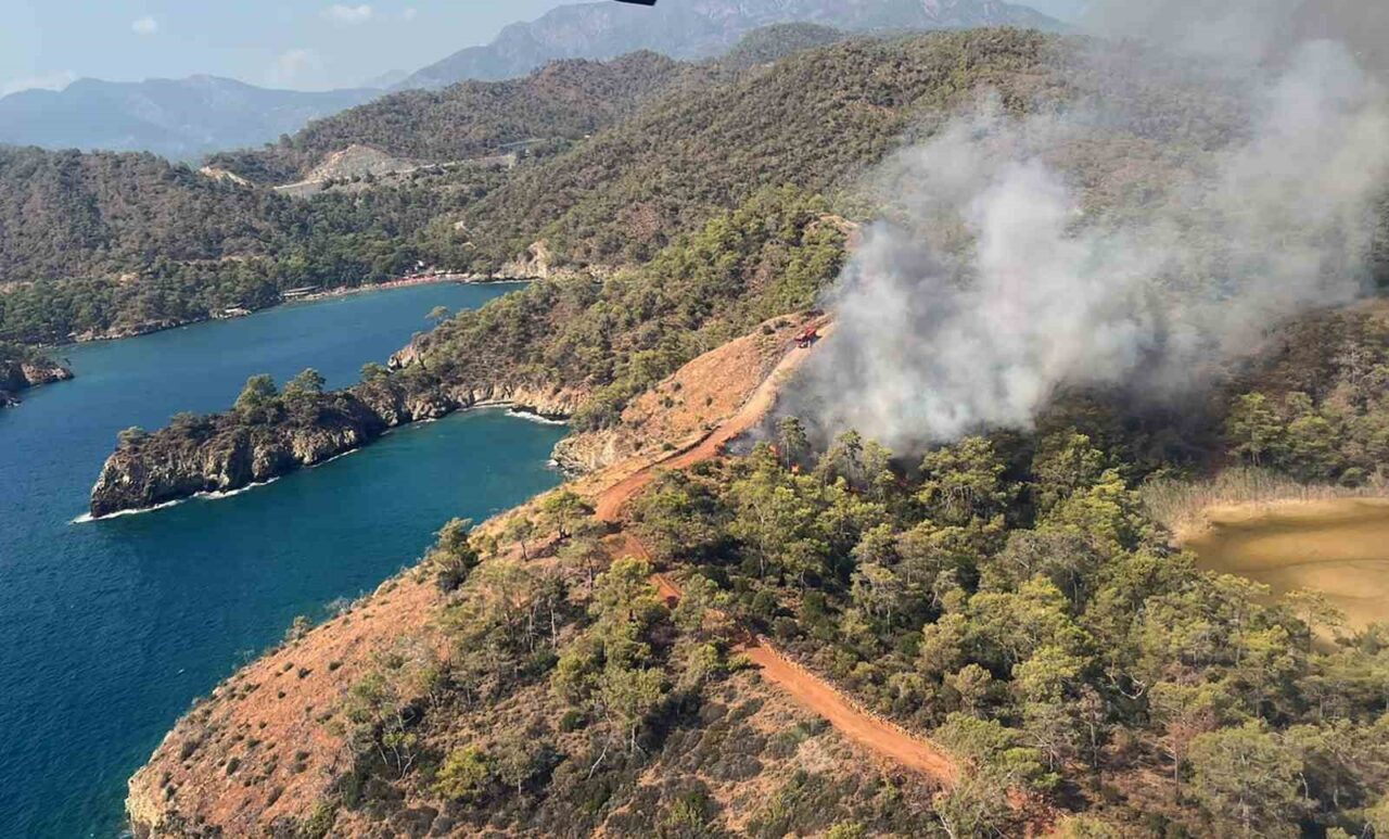 Muğla’nın Fethiye ilçesinde denize yakın koyda çıkan orman yangınına ekipler