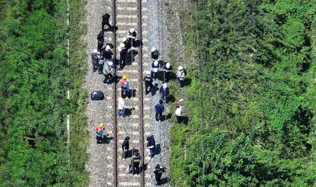Güney Kore’deki bir yolcu treninin demiryolu kenarında denetim çalışması yapan
