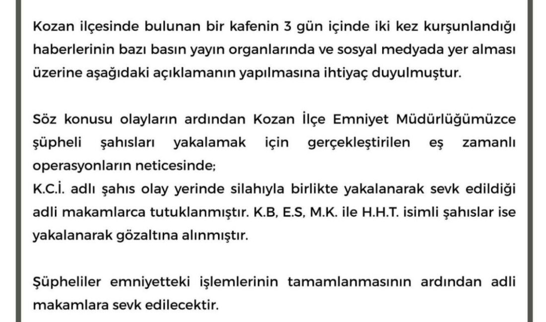 Adana’nın Kozan ilçesinde bir kafenin üç gün içinde iki kez