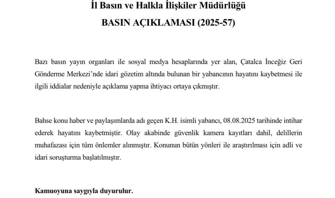 İstanbul Valiliği tarafından Çatalca İnceğiz Geri Gönderme Merkezi’nde bir yabancının