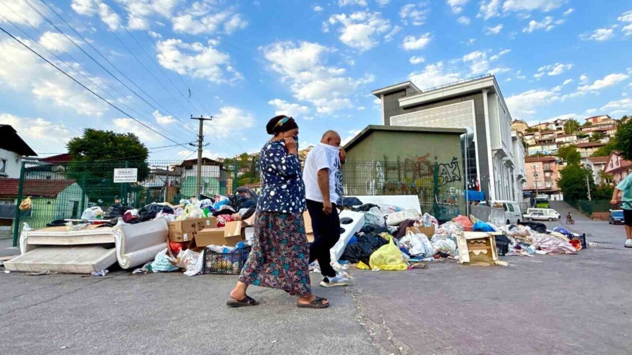 Kocaeli’nin İzmit ilçesindeki Serdar Mahallesi’nde yaklaşık bir haftadır toplanmayan çöp