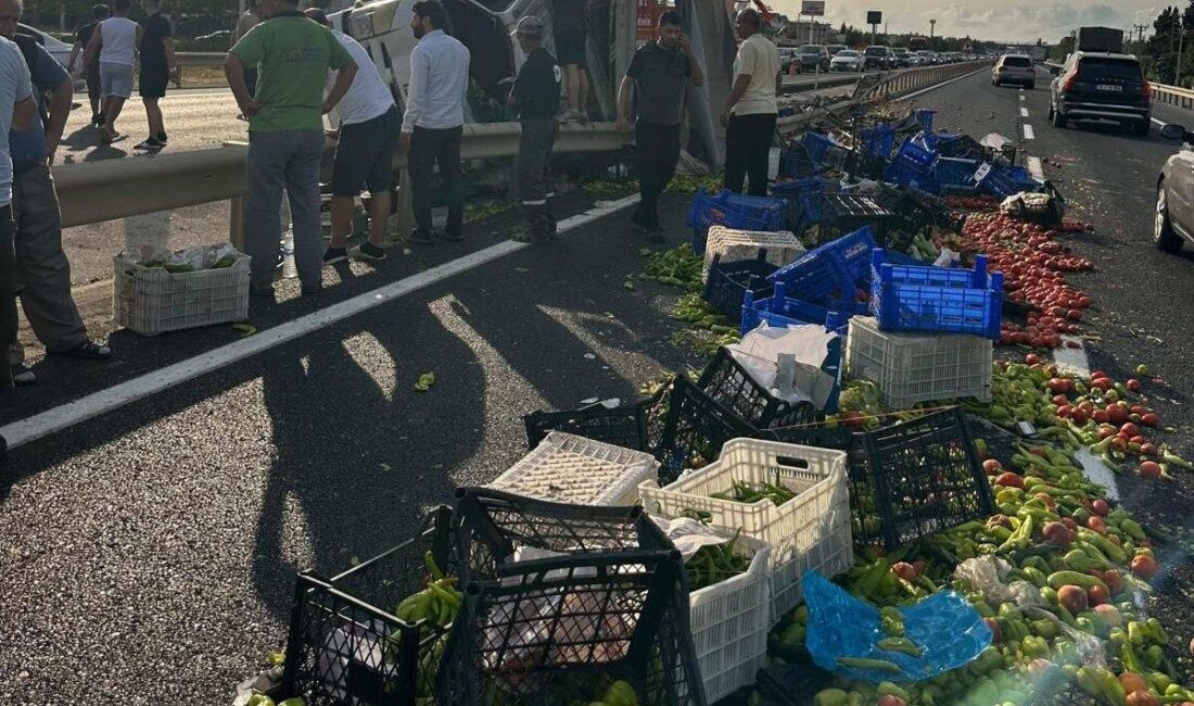 Tekirdağ’ın Marmaraereğlisi ilçesinde meyve ve sebze yüklü bir kamyonun bariyerlere