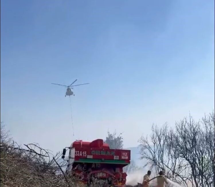 Mersin’in Mezitli ilçesinde ormanlık alanda çıkan yangın, havadan ve karadan