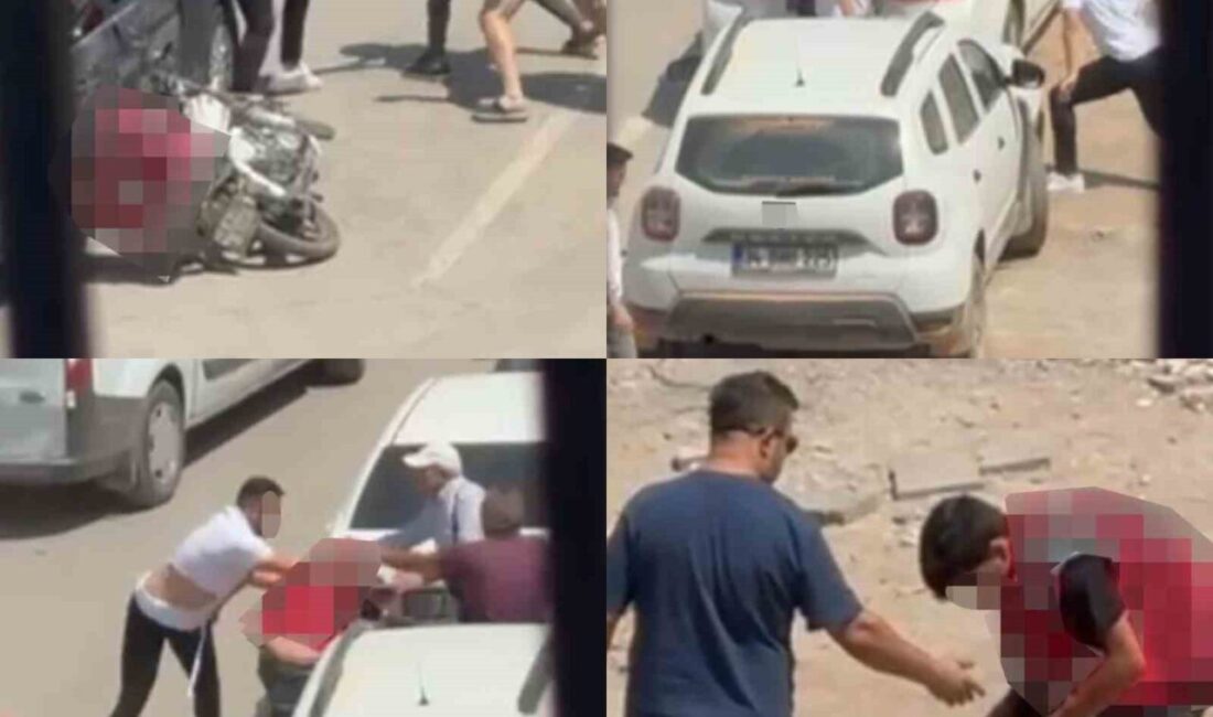 Kahramanmaraş’ta bir otomobilden inen sürücü ve yanındaki şahıs, motokuryeyi tekme