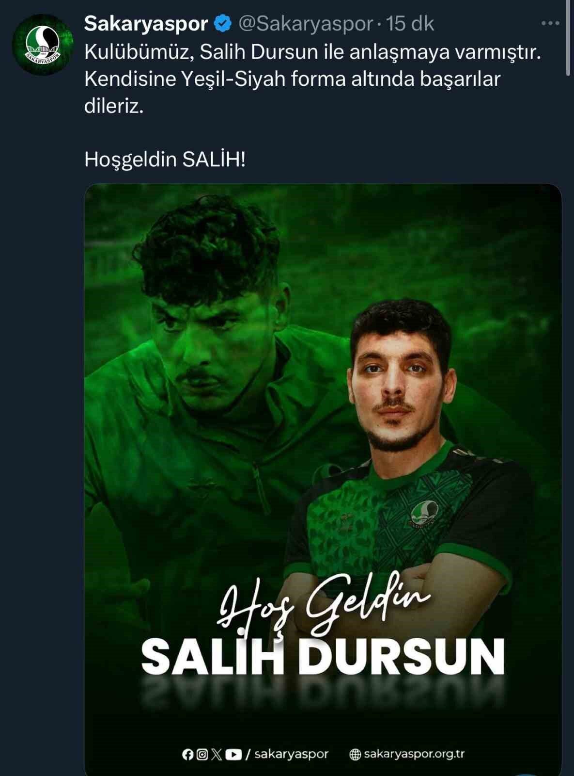 Sakaryaspor, 34 yaşındaki stoper Salih Dursun ve 22 yaşındaki forvet