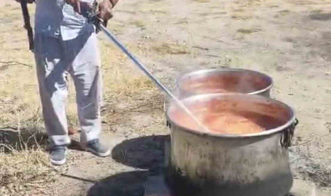 Elazığ’da bir şahıs, kazanda kaynayan domates salçasını ot biçme makinesi