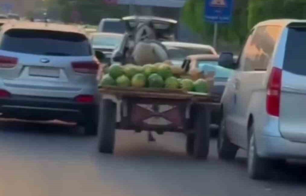 Suriye’nin başkenti Şam’da sürücüsü olmayan karpuz yüklü at arabası trafiği