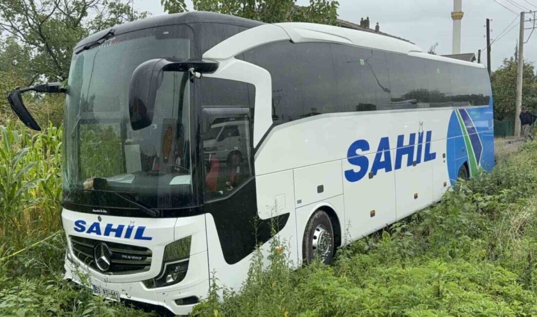 Samsun’un Terme ilçesinde yolcu otobüsünün yol kenarındaki kamyonete branda çeken