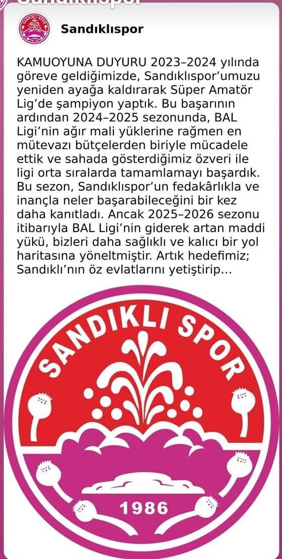 Afyonkarahisar takımlarından Sandıklıspor, 2025-2026 sezonunda Bölgesel Amatör Lig’e (BAL) katılmama