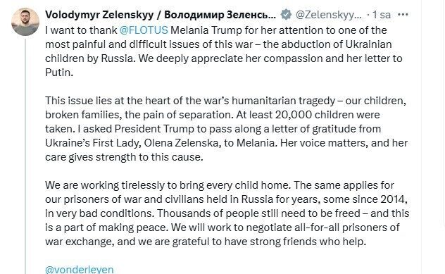 Ukrayna Devlet Başkanı Vladimir Zelenskiy, ABD First Lady’si Melania Trump’a