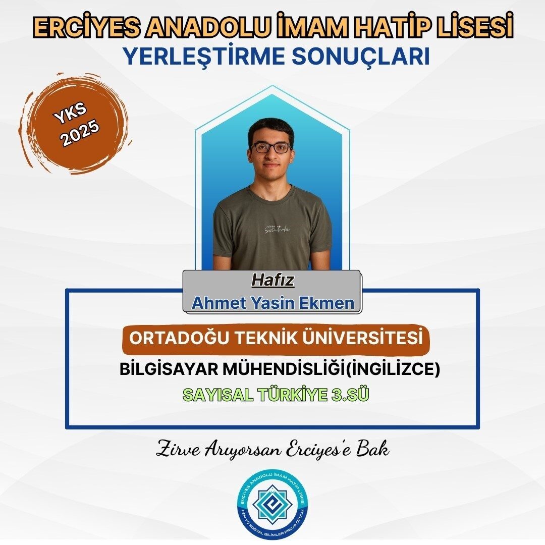 Kayseri’de, Yükseköğretim Kurumları Sınavı’nda (YKS) Kayseri derecesi yapan iki öğrenci,