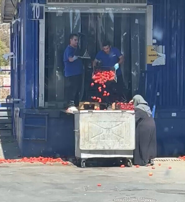Ataşehir’de bulunan bir zincir markette kasalarca domatesin çalışanlar tarafından çöpe