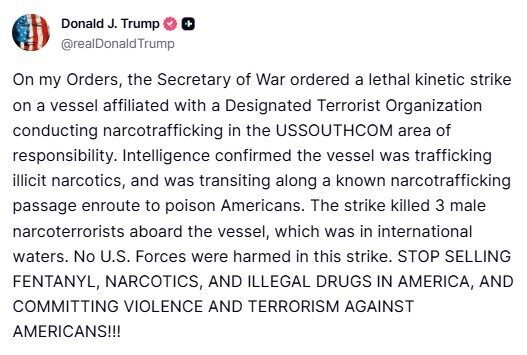 ABD Başkanı Donald Trump, ABD ordusunun uyuşturucu taşıyan bir tekneye