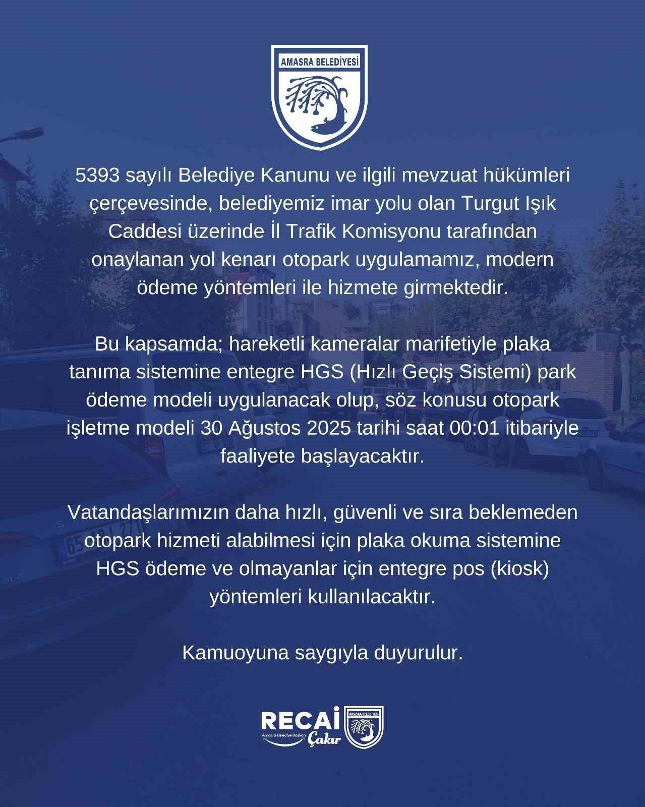 Bartın’ın Amasra ilçesinde Hızlı Geçiş Sistemi (HGS) park ödeme modeli