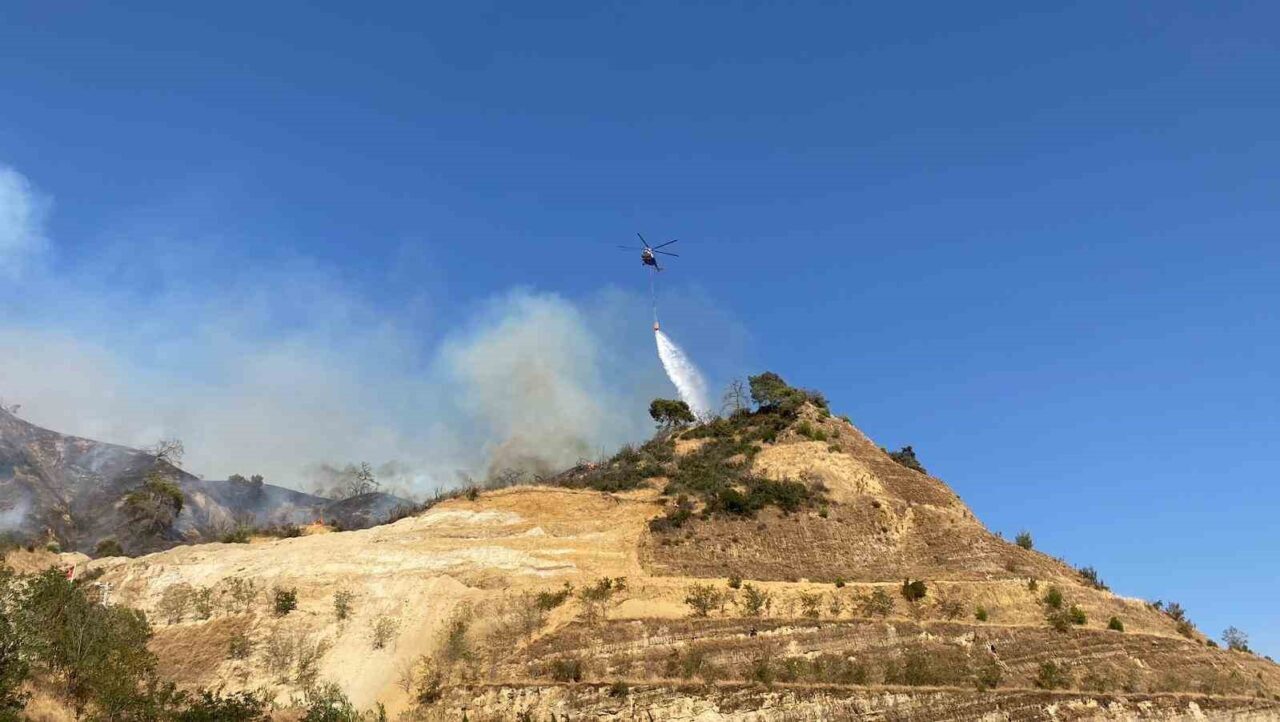 Aydın’ın Efeler ilçesinde dağlık alanda çıkan yangını söndürme çalışmaları havadan