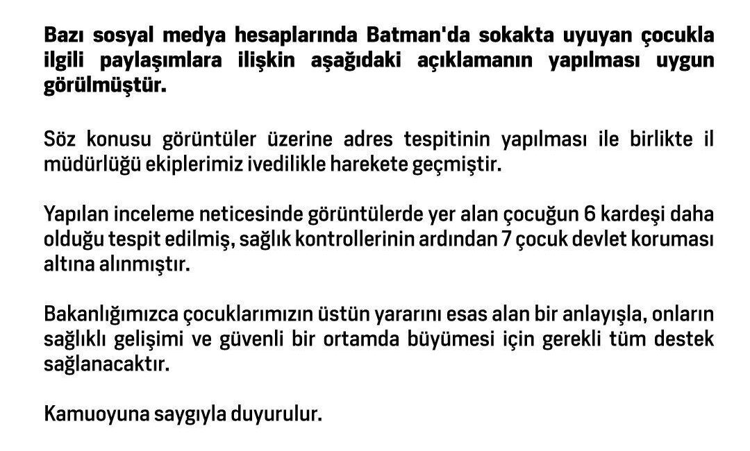 Aile ve Sosyal Hizmetler Bakanlığı, sosyal medyada yer alan Batman’da