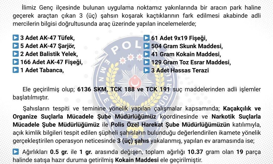 Bingöl’de polis ekipleri tarafından yapılan çalışmada, 2 şüpheli tutuklandı. Edinilen