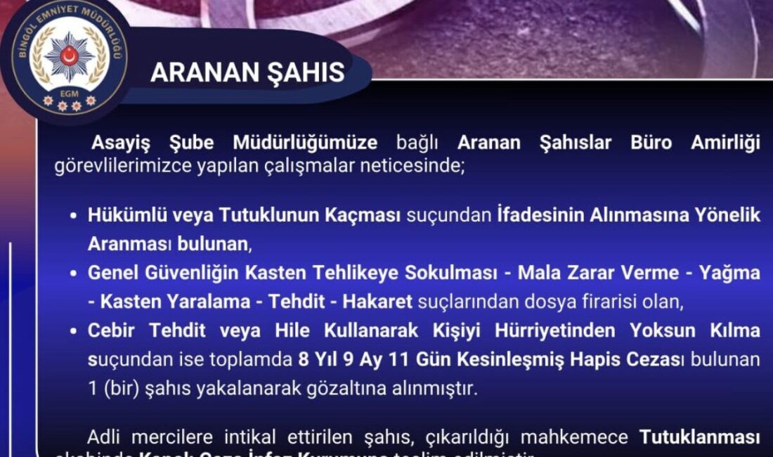 Bingöl’de 8 yıl 9 ay 11 gün kesinleşmiş hapis cezası