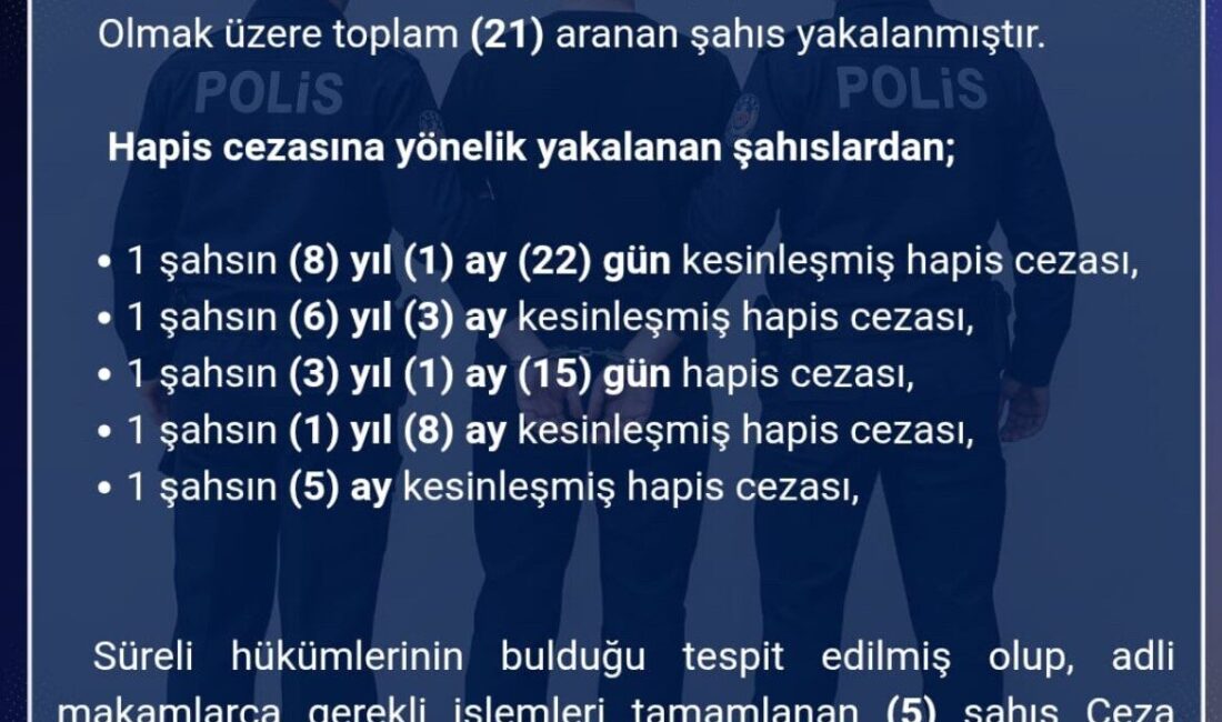 Bingöl’de polis ekipleri tarafından yapılan çalışmada çeşitli suçlardan aranan 21