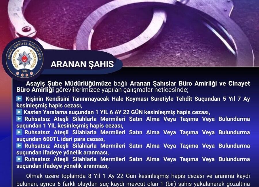 Bingöl’de polis ekipleri tarafından yapılan çalışmada, 8 yıl 1 ay