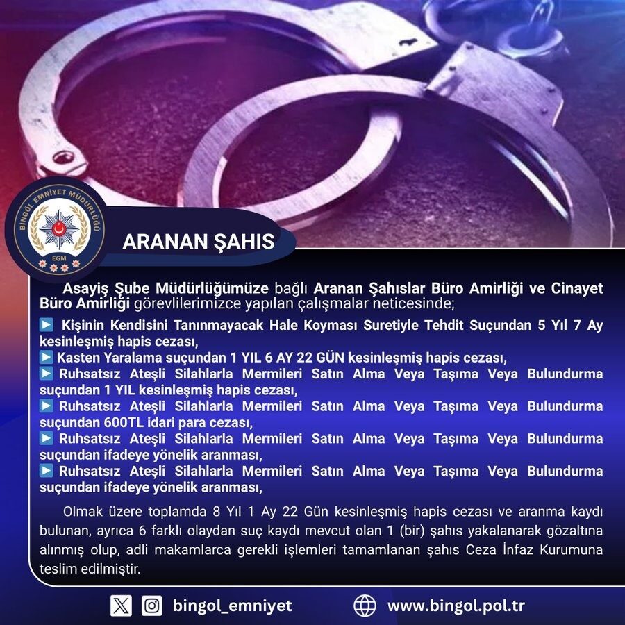 Bingöl’de polis ekipleri tarafından yapılan çalışmada, 8 yıl 1 ay