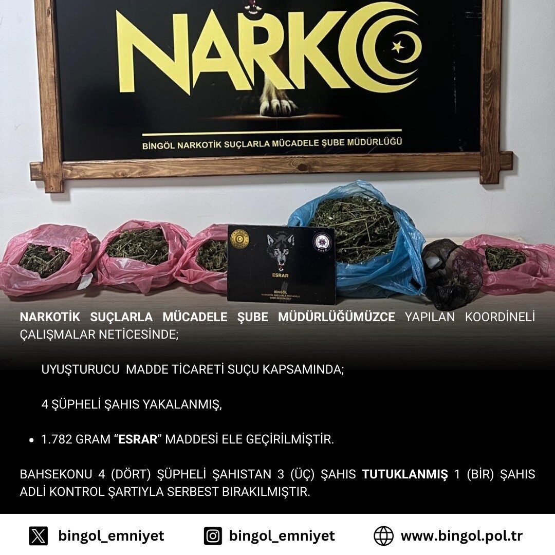 Bingöl’de düzenlenen uyuşturucu operasyonunda 1 kilo 782 gram esrar ele