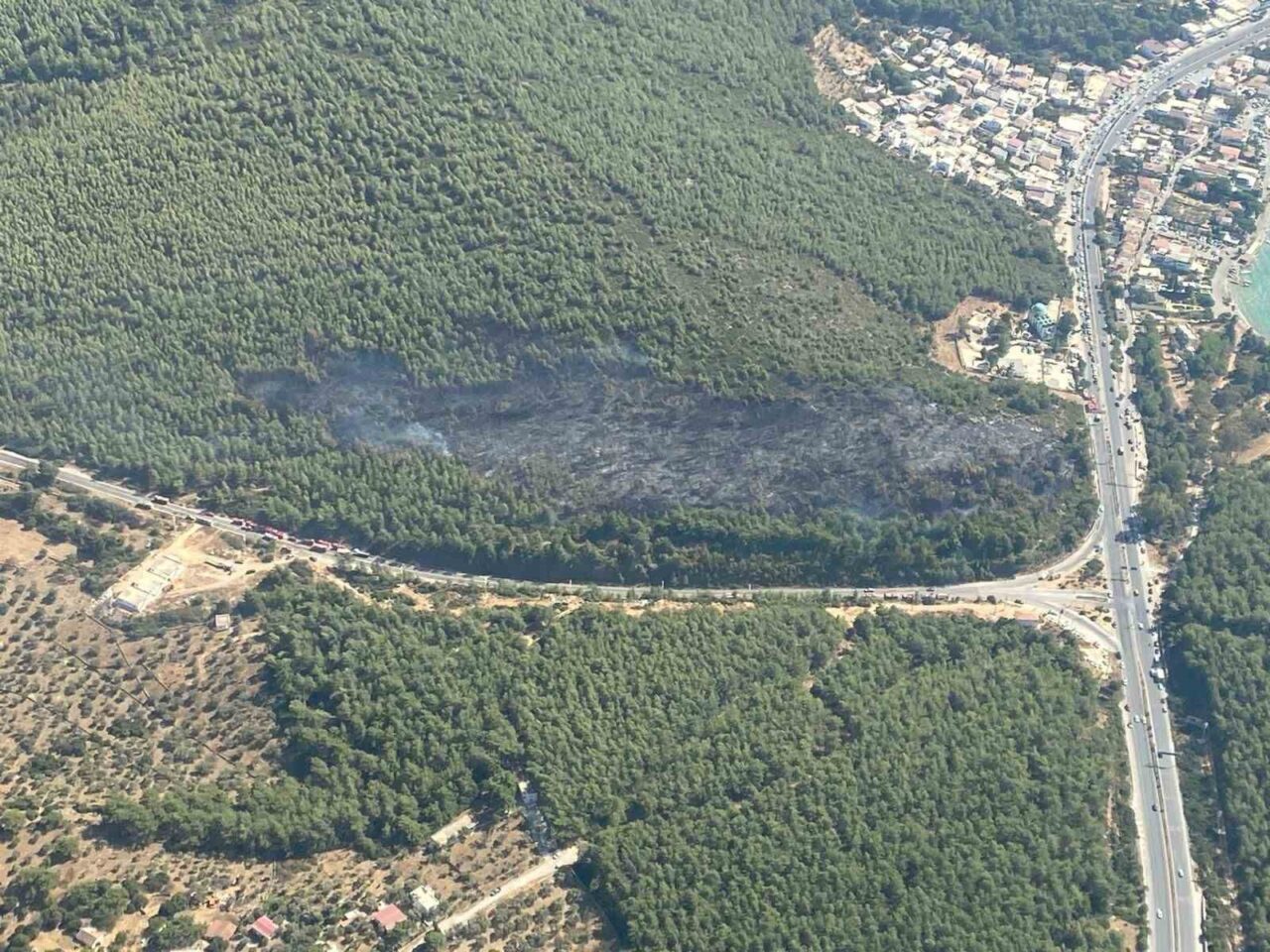 Muğla’nın Bodrum ilçesinde çıkan orman yangını ekiplerin havadan ve karadan