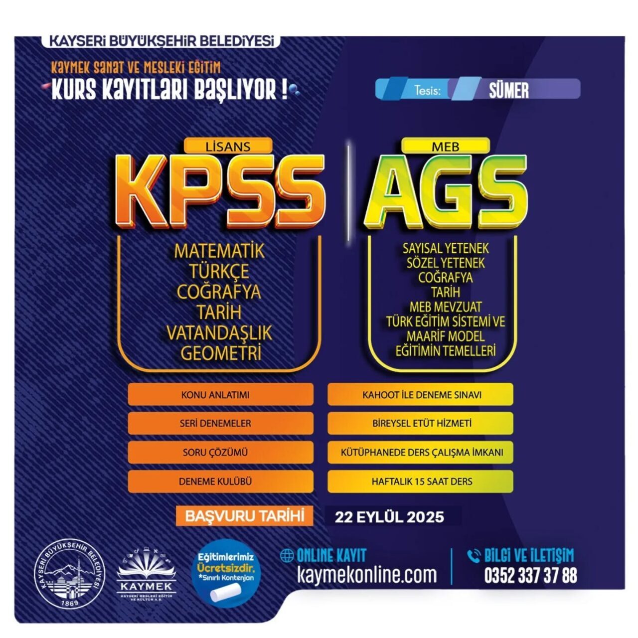 Kayseri Büyükşehir Belediyesi bünyesinde kültür, sanat ve mesleki eğitim alanında