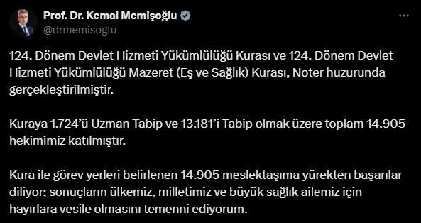 Sağlık Bakanı Kemal Memişoğlu, 124. Dönem Devlet Hizmeti Yükümlülüğü Kurası