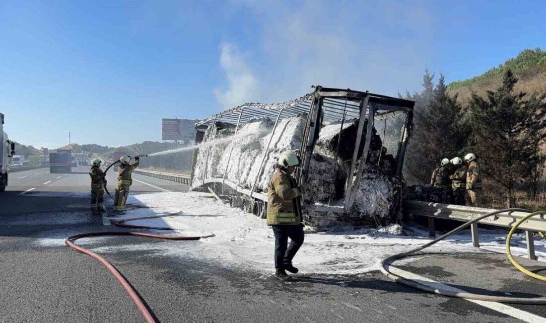 Eyüpsultan Kuzey Marmara Otoyolu’nda seyir halindeki kumaş yüklü tırın dorsesinde