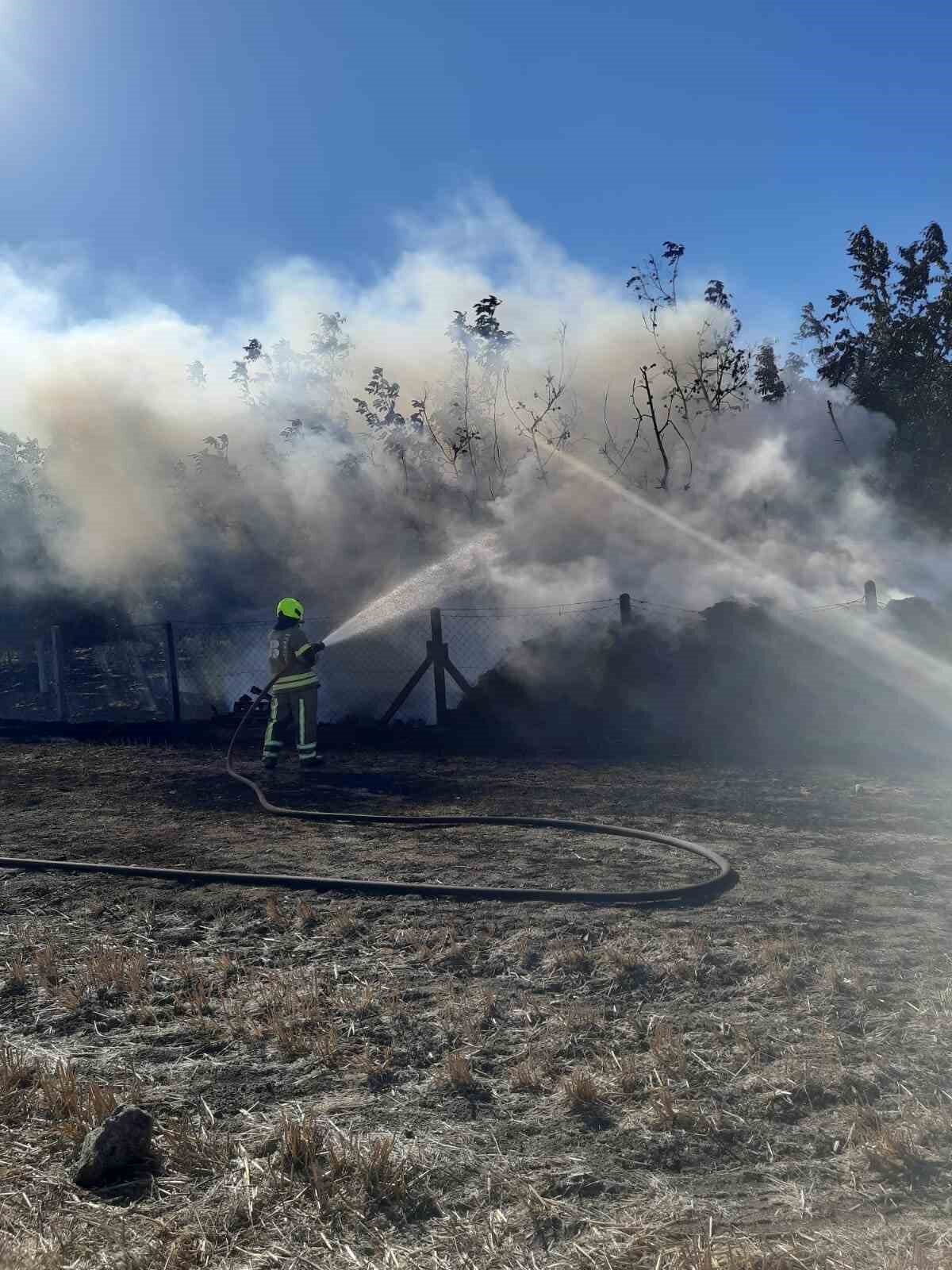 Balıkesir’in Gönen ilçesi Gündoğdu Mahallesi’nde saman balyalarında çıkan yangın, Gönen