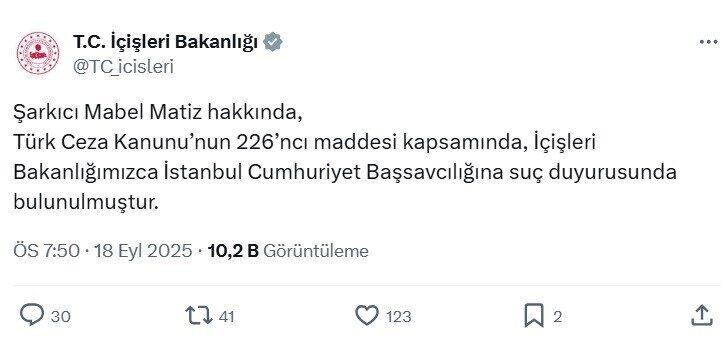 İçişleri Bakanlığı, şarkıcı Mabel Matiz hakkında Türk Ceza Kanunu’nun 226’ncı