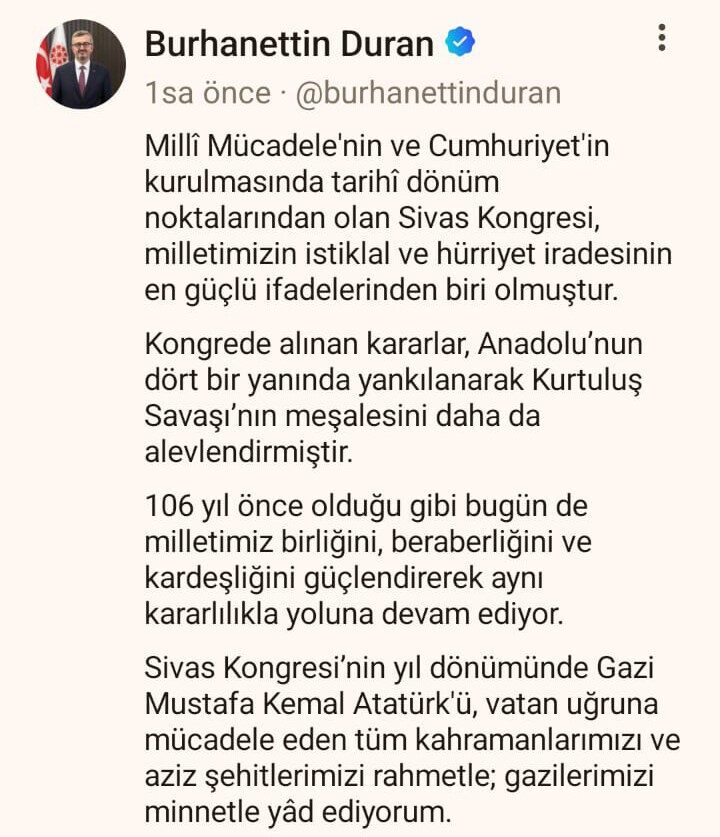 Cumhurbaşkanlığı İletişim Başkanı Burhanettin Duran, “Milli Mücadele’nin ve Cumhuriyet’in kurulmasında
