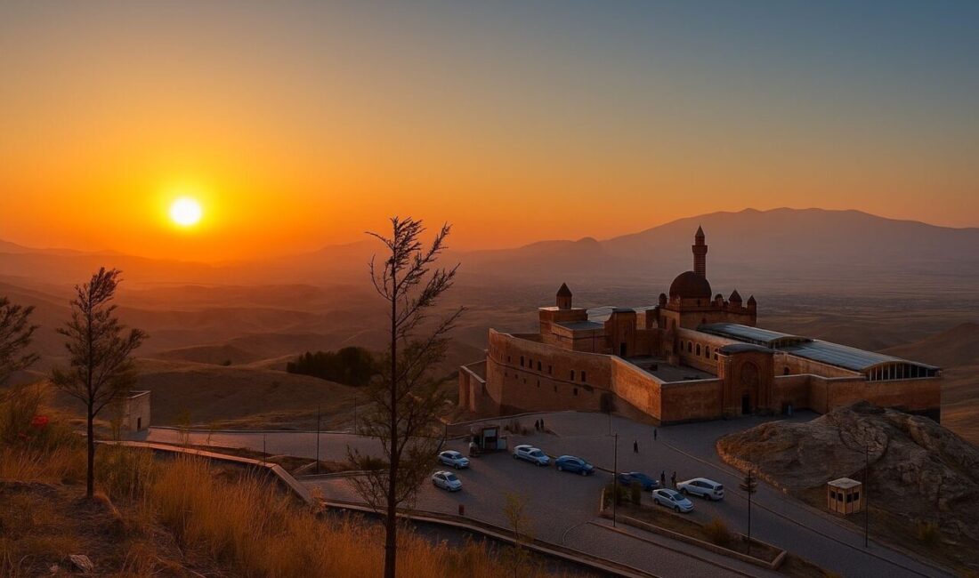 Ağrı’nın Doğubayazıt ilçesinde bulunan tarihi İshak Paşa Sarayı, gün batımı