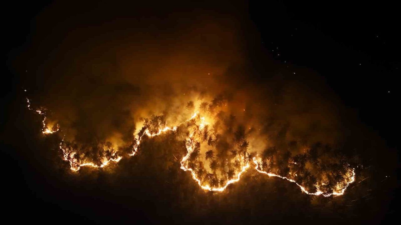 Karabük’te 12. saate girilen ve geceyi aydınlatan orman yangını dron