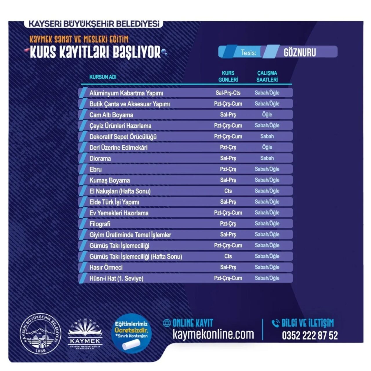 Kayseri Büyükşehir Belediyesi’nin bünyesinde faaliyet gösteren, kültür-sanat ve mesleki eğitim