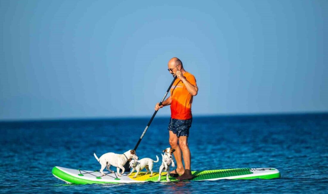 Burhaniye ilçesinde Gemiyatağı Koyu’nda masmavi suların üzerinde bir paddle boar
