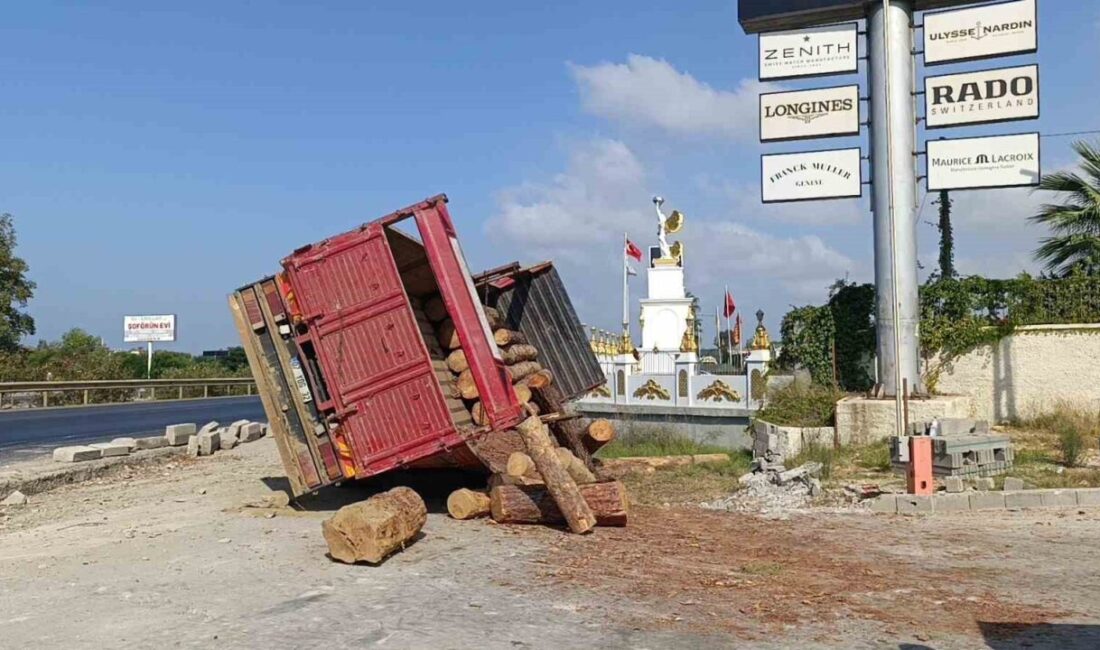 Antalya’nın Manavgat ilçesinde lastiği patlayan tomruk yüklü kamyon yolun kenarına