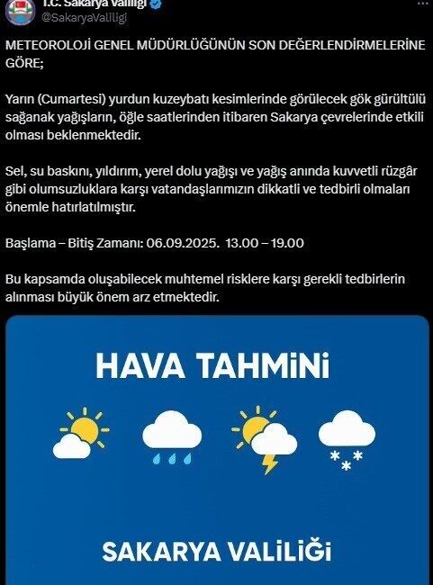 Sakarya Valiliği, Meteoroloji Genel Müdürlüğü’nün son değerlendirmelerine göre şehir genelinde