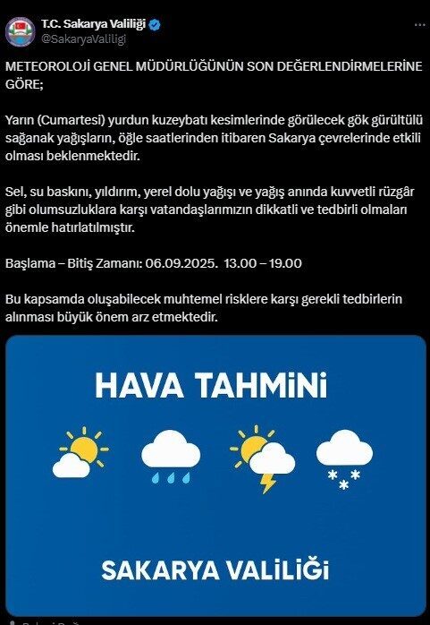 Sakarya Valiliği, Meteoroloji Genel Müdürlüğü’nün son değerlendirmelerine göre şehir genelinde