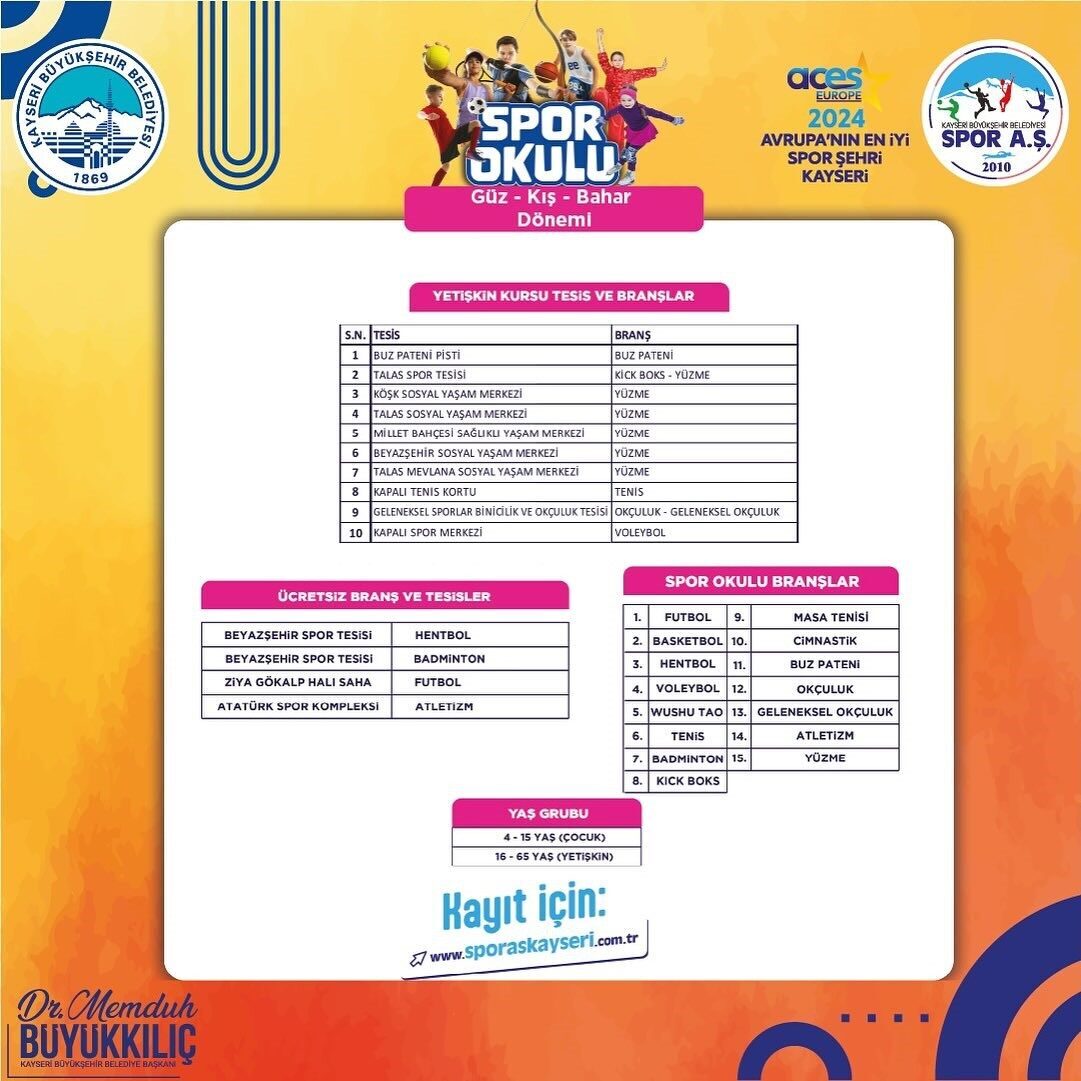 Kayseri Büyükşehir Belediyesi’nin 15 spor tesisinde düzenleyeceği futboldan basketbola, okçuluktan
