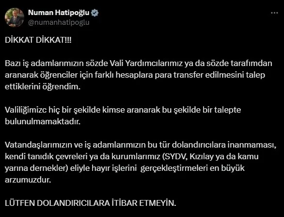 Elazığ Valisi Numan Hatipoğlu, vatandaşları dolandırıcık olaylarına karşı uyardı. Vali