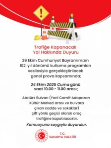 Sakarya Valiliği, 29 Ekim Cumhuriyet Bayramı’nın 102. yıl dönümü kutlama