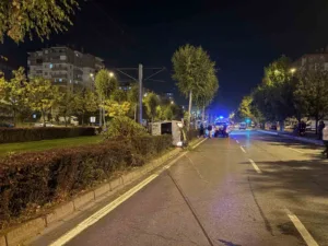 Kayseri’nin Melikgazi ilçesinde ağacı devirdikten sonra yan yatan hafif ticari